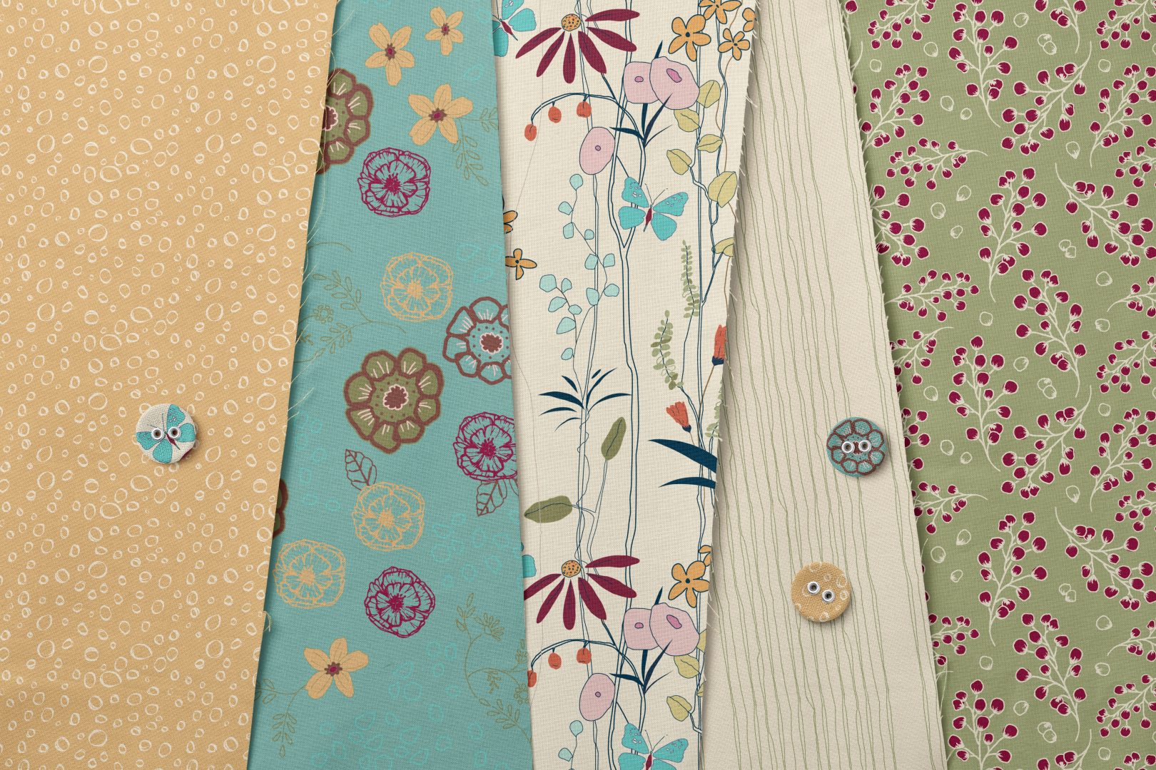 nature's tapestry cream collection on flat lay with buttons