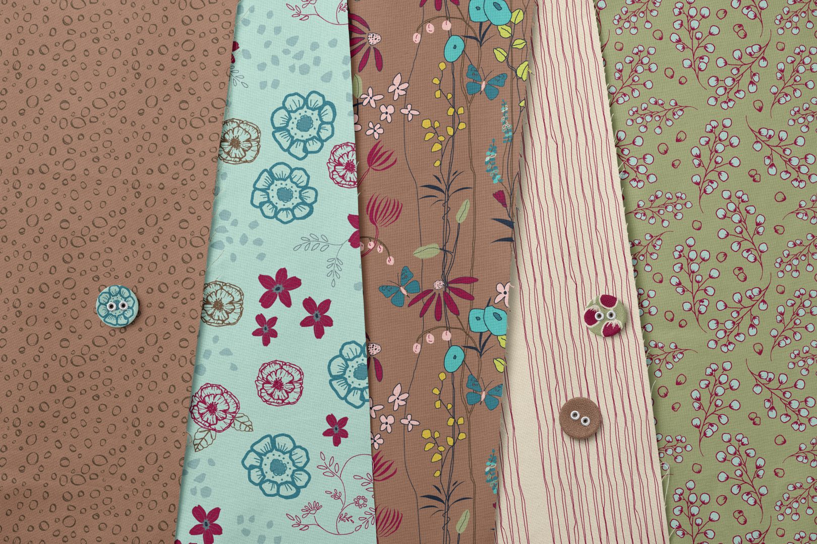 Natures tapestry mocha on flat lay mockup with buttons